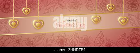 Happy Valentine's Day Banner und Website-Header. Einzigartiges & kreatives florales Hintergrunddesign mit golden glänzenden Herzen Anhänger Schmuck mit Perlen. Stock Vektor