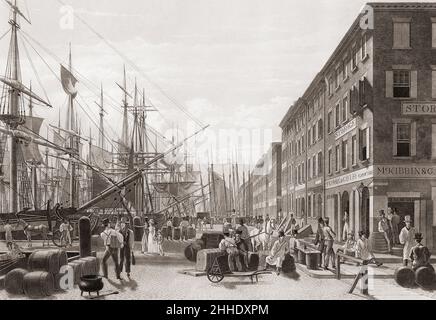South Street von der Maiden Lane aus gesehen, New York, Vereinigte Staaten von Amerika. Nach einem Werk von William James Bennett aus dem frühen 19th. Jahrhundert. Stockfoto