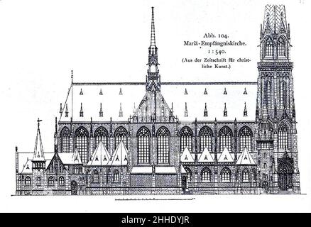 St. Mariä Empfängniskirche in Düsseldorf, 1894 bis 1896, Dombaumeister Ludwig Becker aus Mainz, Längenansicht. Stockfoto