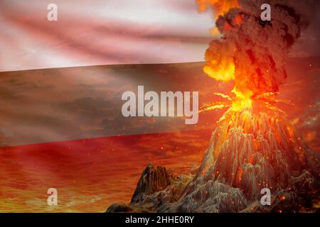 Konischer Vulkanausbruch bei Nacht mit Explosion auf Bulgarien Flagge Hintergrund, Probleme des Ausbruchs und Vulkanasche Konzept - 3D Illustration von Stockfoto