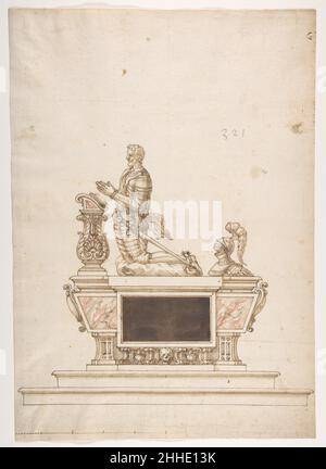 Design for a man's Tomb 16th Century Anonymous, Französisch, 16th Century French. Design für ein Menschengrab. Anonym, französisch, 16th Jahrhundert. 16th Jahrhundert. Schwarze Kreide, Stift und braune Tinte, Pinsel und braune Wäsche, Aquarell. Zeichnungen Stockfoto