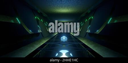 Futuristische Technologie Cyber Hintergrund Alien Raumschiff Raumtunnel Korridor Glow mit Kadett Blau Farben Raumschiff Architektur 3D Render Stockfoto