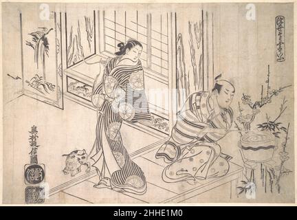 Parodie auf die Legende von Xu You und Chao Fu Ca. 1715 Okumura Masanobu Japanese in einer höchst amüsanten und komplizierten Mitate-Version dieser Legende erscheint Xu You als peinlicher, zweimaliger Edo-Liebhaber und Chao Fu als seine vorwurfsvolle Herrin. Er wusch sich die Ohren aus, um sie zu überzeugen, dass er von einem Brief ihrer Rivalin absolut nichts weiß. Der von der Herrin entdeckte Brief ist im Mund ihrer Katze zu sehen. Die klassische Anspielung ist in der gemalten Kaskade, die Teil der Inneneinrichtung ist, verschleiert. Parodie auf die Legende von Xu You und Chao Fu 56780 Stockfoto