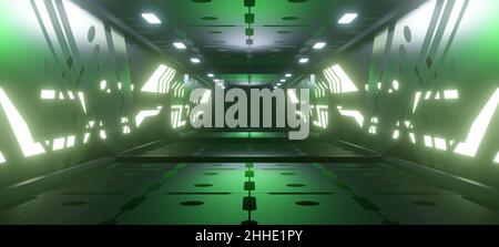 SciFi Fantasy Alien Interieur Empty Studio Advanced Laser Glowing with Dark Sea Green Colors Hintergrund SciFi Concept 3D Illustration Stockfoto