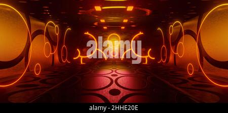 Artificial Intelligence Alien Interior Empty Studio Dunkel mit Maroon Colors Futuristic Architecture 3D Render Stockfoto