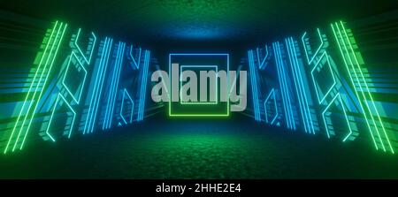 Bunte Neonlampen in einem dunklen Tunnel. Reflexionen und Neonlichter an den Wänden. Stockfoto