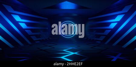 Abstrakter Hintergrund, leuchtende Linien, virtuelle Realität, blauer dreieckiger Bogen, ultraviolett, Infrarot, Spektrum lebendige Farben, Lasershow 3D Illustration Stockfoto