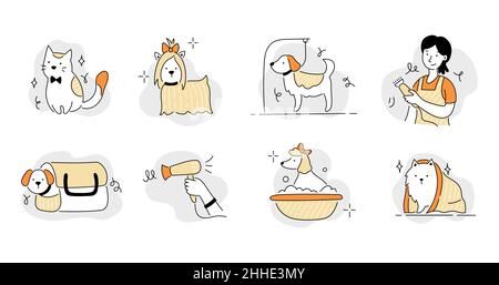 Symbole für den Tierpflegesalon. Cute Hund Beauty Grooming Salon, waschen, Pflege Haar des Haustieres. Doodle Linie Stil Tier und Charakter. Vektorgrafik. Stock Vektor