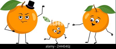 Familie von orangefarbenen Charakteren mit glücklichen Emotionen, lächelndes Gesicht, glückliche Augen, Arme und Beine. Mama ist glücklich, Papa trägt Hut und Kind tanzt. Vektorgrafik flach Stock Vektor