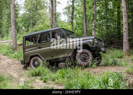 Russischer 4x4 MWM Spartan EV auf einer Probefahrt in Collyweston Great Wood, England, Großbritannien Stockfoto