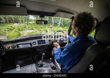 Russischer 4x4 MWM Spartan EV auf einer Probefahrt in Collyweston Great Wood, England, Großbritannien Stockfoto