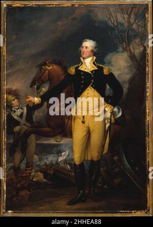 George Washington vor der Schlacht von Trenton ca. 1792–94 John Trumbull der Amerikaner George Washington saß 1792 für Trumbull in Philadelphia; aus dieser Sitzung schuf der Künstler eine große Leinwand (Yale University Art Gallery, New Haven, Connecticut) und diese kleinere Version. Der General wird am Abend vor der entscheidenden Schlacht von Trenton Ende 1776 gezeigt. Er blickt nach oben und denkt sich seine Strategie gegen den weit überlegenen herannahenden Feind aus. Die Bedeutung des Augenblicks drückt sich in der Dramatik des bedrohlichen Himmels und dem erregbaren Pferd aus, das von einem Soldatenknecht in Schach gehalten wird. George War Es Stockfoto