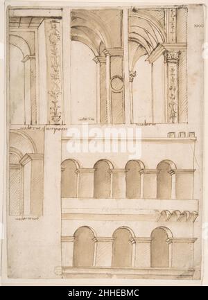 Architekturstudie mit Details zu einem oder mehreren Gebäuden (möglicherweise Teil der zur Straße gerichteten Architektur des alten Petersplatzes in Rom) 1490–1510 Anonym, Italienisch, 16th Jahrhundert Italienisch. Architekturstudie mit Details zu einem oder mehreren Gebäuden (möglicherweise Teil der zur Straße gerichteten Architektur des alten Petersplatzes in Rom) 342291 Stockfoto