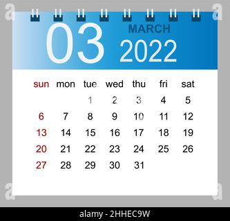 März 2022. Vektor Monatskalender Vorlage 2022 Jahr im einfachen Stil für Template-Design. Die Woche beginnt ab Sonntag. Stock Vektor