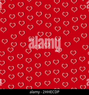 Einfache Herzen nahtloses Muster. Valentinstag Hintergrund. Flaches Design endlose chaotische Textur aus winzigen Herz-Silhouetten. Rottöne. Stockfoto
