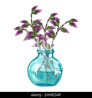 Magnolia Blossoms in einer Vase mit rosa Blüten. Aquarell Illustration von Zweig mit frischen rosa Magnolienknospen Blüten in Vase isoliert auf weiß b Stockfoto