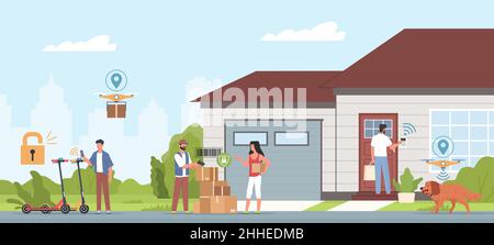 RFID-Anwendung. Technologie zur Identifizierung von Funkfrequenzen. Scansystem, Lieferung, Zahlungen, Türöffnung, automatische Codelesung, Antenne und Stock Vektor