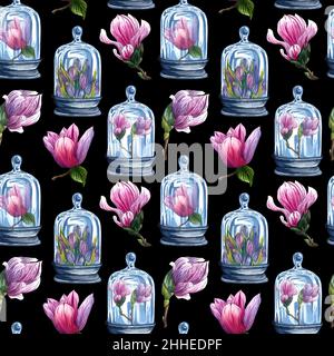 Nahtloses Muster aus Florarien, Aquarell-Glasflaschen mit Blumen im Inneren, handgezeichnet. Glas in Aquarell-Glas mit rosa Magnolienblüte. Stockfoto