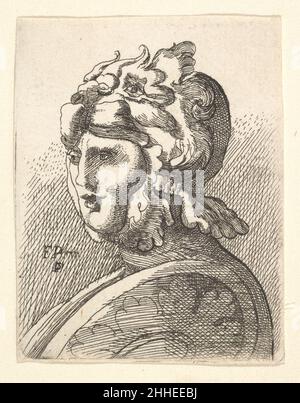 Helmeted Head 1662–78 (?) Francis platziert einen britischen Krieger mit Brustlänge im Dreiviertel-Profil nach links, der einen Helm in Form eines stilisierten Löwenkopfes trägt und einen Schild trägt. Kopie nach Hollars Radierung.. Behelmter Kopf 360818 Stockfoto