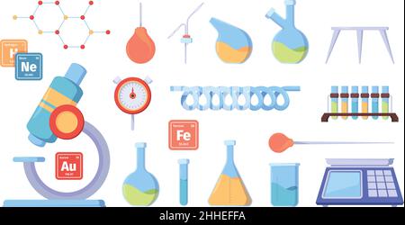 Geräte für Wissenschaftler. Chemische Laborgeräte medizinische Exploration Arbeitsplatz Artikel grellen Vektor flache Bilder Sammlung Stock Vektor
