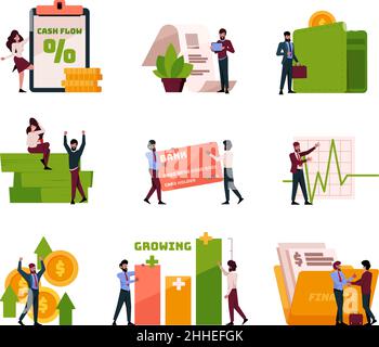 Familienbudget. Leute, die persönliches Bargeld einsparen, das Einlagenkonten kontrolliert, um selbst Geld zu sparen, grellen Vektor-Finanzkonzept-Illustrationen in flachem Stil Stock Vektor