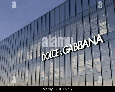 Mailand, Italien. 8. Januar 2022. Nur zur redaktionellen Verwendung, 3D CGI. Dolce & Gabbana Multinational Corporation Fashion Company Signage Logo Glass Building. Arbeiten Stockfoto