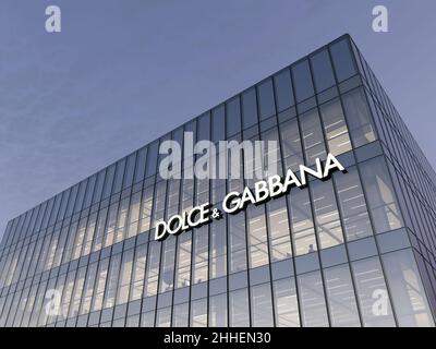 Mailand, Italien. 8. Januar 2022. Nur zur redaktionellen Verwendung, 3D CGI. Dolce & Gabbana Multinational Corporation Fashion Company Signage Logo Glass Building. Arbeiten Stockfoto