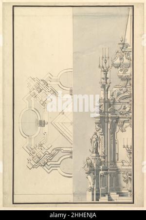 Halber Grundplan und halbe Höhe für eine Katafalque für eine Königin von Sardinien 1696–1756 Workshop von Giuseppe Galli Bibiena Italienisch. Halber Grundplan und halbe Höhe für eine Catafalque für eine Königin von Sardinien 344427 Stockfoto