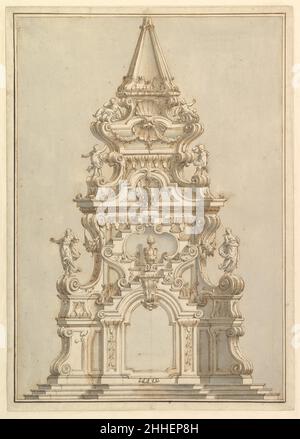 Erhebung für eine Catafalque, die von Squat Obelisk überragt wurde, verziert mit Statuen von Putti und weiblichen Figuren 1696–1756 Werkstatt von Giuseppe Galli Bibiena Italienisch. Erhebung für eine Catafalque, die von Squat Obelisk überragt wird, verziert mit Statuen von Putti und weiblichen Figuren 344430 Stockfoto