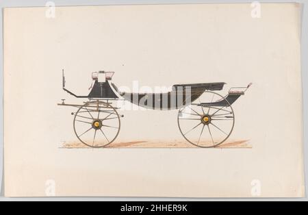 Entwurf für Vis-à-vis 'gesellig' (unnummeriert) ca. 1870 Brewster & Co. American Brewster & Company HistorieBrewster & Company wurde 1810 von James Brewster (1788–1866) in New Haven, Connecticut, gegründet und spezialisierte sich auf die Herstellung von feinen Wagen. Der Gründer eröffnete 1827 einen New Yorker Showroom in der 53-54 Broad Street, und das Unternehmen florierte unter Generationen der Familienführung. Die Expansion erforderte Umzüge in Lower Manhattan, wobei Namensänderungen die Veränderungen des Managements widerspiegeln – James Brewster & Sons operierte an der 25 Canal Street, James Brewster Sons am 396 Broadway und Brewster of Broom Stockfoto