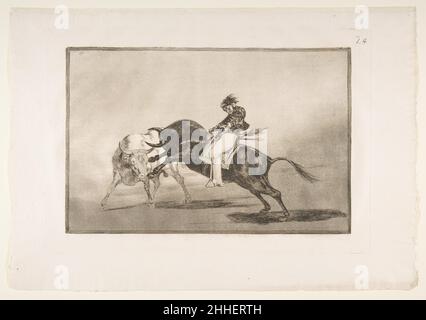 Platte 24 der 'Tauromaquia': Die gleichen Ceballos, die auf einem anderen Bullen montiert sind, brechen kurze Speere im Ring von Madrid. 1816 Goya (Francisco de Goya y Lucientes) Spanisch. Platte 24 der 'Tauromaquia': Die gleichen Ceballos, die auf einem anderen Bullen montiert sind, brechen kurze Speere im Ring von Madrid. 397869 Stockfoto