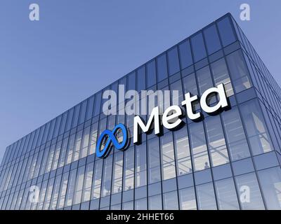 Menlo Park, Kalifornien, USA. 9. Januar 2022. Nur zur redaktionellen Verwendung, 3D CGI. Meta-Signage-Logo auf dem Glasgebäude. Metaverse Workplace Technology S Stockfoto