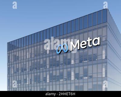 Menlo Park, Kalifornien, USA. 9. Januar 2022. Nur zur redaktionellen Verwendung, 3D CGI. Meta-Signage-Logo auf dem Glasgebäude. Metaverse Workplace Technology S Stockfoto