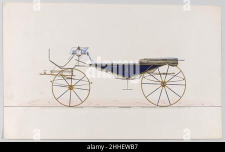 Entwurf für Vis-à-vis 'gesellig' (unnummeriert) ca. 1870 Brewster & Co. American Brewster & Company HistorieBrewster & Company wurde 1810 von James Brewster (1788–1866) in New Haven, Connecticut, gegründet und spezialisierte sich auf die Herstellung von feinen Wagen. Der Gründer eröffnete 1827 einen New Yorker Showroom in der 53-54 Broad Street, und das Unternehmen florierte unter Generationen der Familienführung. Die Expansion erforderte Umzüge in Lower Manhattan, wobei Namensänderungen die Veränderungen des Managements widerspiegeln – James Brewster & Sons operierte an der 25 Canal Street, James Brewster Sons am 396 Broadway und Brewster of Broom Stockfoto