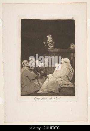 Teller 53 von 'Los Caprichos': Was für ein goldener Schnabel! (Que pico de Oro!) 1799 Goya (Francisco de Goya y Lucientes) Spanisch dieser Druck wurde unterschiedlich als Satire über die leere Rhetorik vieler öffentlicher Redner und als Angriff auf Sensationsredner und deren leichtgläubiges Publikum interpretiert. Ein Papagei steht auf einer Kanzel, umgeben von einem Publikum von klaffenden Figuren, alle mit den tonensured Köpfen der Geistlichen, außer für den Zuhörer in der Mitte, der trägt einen Bicorne Hut und einen Blick der Missbilligung.. Teller 53 von 'Los Caprichos': Was für ein goldener Schnabel! (Que pico de Oro!). Goya (Francisco de Goya y Lucien Stockfoto