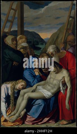 Die Klage 1593 Scipione Pulzone (Il Gaetano) Italienisch Dieses Altarbild wurde für die Kapelle der Passion Christi in der Kirche der Gesù in Rom, dem Sitz des Jesuitenordens, gemalt. Sein Stil sollte den strengen Innenraum der Kirche ergänzen. Pulzons Leinwand ist nicht als Erzählung, sondern als Meditation über die Entgrabung Christi im Einklang mit den spirituellen Übungen von Ignatius Loyola konzipiert. Details wie die Tränen der Jungfrau, die Dornenkrone des heiligen Johannes und die Blässe des Leibes Christi werden dem Betrachter zur Betrachtung präsentiert. Pulzone’s Stockfoto