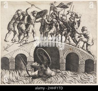 Horatio Coclès rettet sich durch Schwimmen 16th Jahrhundert Diana Scultori Italienisch. Horatio Coclès rettet sich beim Schwimmen 383482 Künstler: Diana Scultori, Italienisch, Mantua Ca. 1535??nach 1588 Rom, Künstler: Nach Giulio Romano, Italienisch, Rom 1499??1546 Mantua, Horatio COCl?s Saving Himself by Swimming, 16th Century, Gravur, 9 1/8 x 10 1/2 in. (23,2 x 26,7 cm). Das Metropolitan Museum of Art, New York. Kauf, Joseph Pulitzer Bequest, 1917 (17.50.16-124) Stockfoto