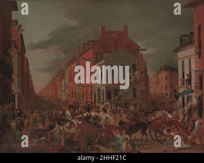 Moving Day (in Little Old New York) ca. 1827 Unbekannter Künstler Anfang der Kolonialzeit liefen die Mietverträge in New York City am 1. Mai aus, genannt Moving Day. Diese Frist dauerte das gesamte neunzehnte Jahrhundert. Am Moving Day hörte der Handel in der Stadt vollständig auf, als die New Yorker ihre Besitztümer in einem Tumult, der durch die allgegenwärtige Wohnungsknappheit verschärft wurde, von einem Ort zum anderen transferierten. Auch die Geschäfte bewegten sich, wie hier die Schichtung von Ladenschildern auf dem Gebäude in der Mitte zeigt. Im Vordergrund wird eine Frau über den Inhalt eines umgedrehten Wagens gestrickt, gefangen von einem Tisch und Stockfoto