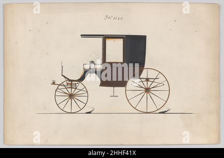 Design für 4 Sitz Rockaway, Nr. 3165 1875 Brewster & Co. American Brewster & Company HistorieBrewster & Company wurde 1810 von James Brewster (1788–1866) in New Haven, Connecticut, gegründet und spezialisierte sich auf die Herstellung von feinen Wagen. Der Gründer eröffnete 1827 einen New Yorker Showroom in der 53-54 Broad Street, und das Unternehmen florierte unter Generationen der Familienführung. Die Expansion erforderte Umzüge in Lower Manhattan, wobei Namensänderungen die Veränderungen des Managements widerspiegeln – James Brewster & Sons operierte an der Canal Street 25, James Brewster Sons am Broadway 396 und Brewster von der Broome Street war Stockfoto