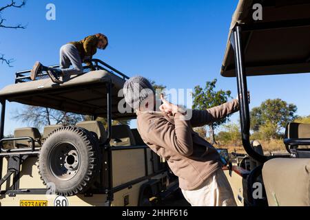 Teenager-Mädchen mit ihrem Hut über ihrem Gesicht, lehnt sich aus einem Jeep. Stockfoto