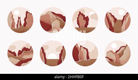 Natürliche, moderne Landschaft. Japanische Landschaften, asiatische Retro-Szenen. Boho-Stil Abzeichen, kreative Berg und Sonnenaufgang. Grafik, schwüliger Vektor Stock Vektor
