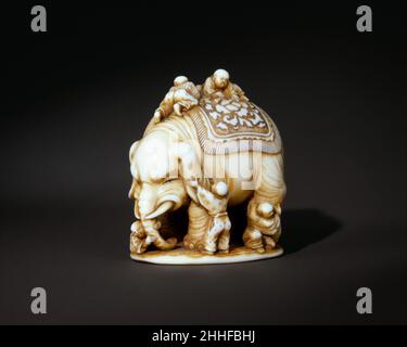 Blind Men and the Elephant 19th Century Japan Dieses Netsuke ist eine witzige Wiedergabe einer japanischen Allegorie auf Wahrheit und Interpretation. Eine Gruppe von sechs blinden Männern bemüht sich, einen Elefanten zu beschreiben, doch ihre Versuche werden vereitelt, da keiner von ihnen in der Lage ist, das gesamte Tier zu beschreiben. Blinde Männer und der Elefant 60194 Stockfoto