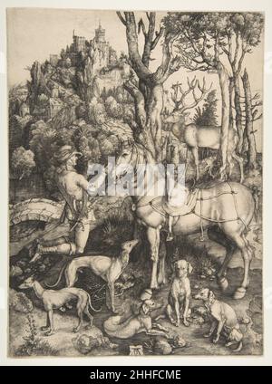 Saint Eustace Ca. 1501 Albrecht Dürer der größte deutsche Dürer-Stich zeigt den Moment der Bekehrung eines römischen Generals namens Placidus. Während der Jagd sah Placidus auf wundersame Weise ein Kruzifix zwischen dem Geweih eines Hirsches erscheinen. Der Hirsch sprach in der Stimme Christi, und Placidus fiel von seinem Pferd und wurde ein Christ, der mit dem Namen Eustace getauft wurde. Der Druck wird seit langem als Beispiel für Dürers außergewöhnliche Virtuosität bewundert, die Tiere und Landschaftselemente dienten als Vorbilder für Künstler des folgenden Jahrhunderts. Saint Eustace 336232 Stockfoto