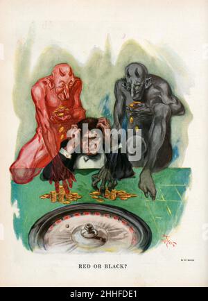 HY Mayer - Rot oder Schwarz - Ein roter Dämon links und ein schwarzer Dämon rechts flankieren den Spieler am Roulettetisch - 1914 Stockfoto