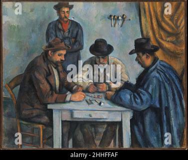 Die Kartenspieler 1890–92 Paul Cézanne der Franzose Cézanne war in den Fünfzigern, als er eine Malkampagne unternahm, die einem Thema, das Caravaggio und Chardin inspirierte, eine unvergessliche Form gab. Er war von Anfang an entschlossen – wie wir in dieser robusten Provençal-Szene sehen –, sich ihr zu eigen zu machen. Cézanne fertigte diese Komposition sorgfältig aus Figurenstudien an, die er von lokalen Bauern gemacht hatte. Nachdem er seine Vorstellung durcheinander gebracht hatte, fuhr er fort, die Posen und Positionen der Kartenspieler zu verfeinern, bis sie – wie die vier Pfeifen, die hinter ihnen an der Wand hängen – alle perfekt an ihren Platz fielen Stockfoto