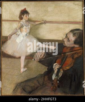 Die Tanzstunde ca. 1879 Edgar Degas French Degas nahm verschiedene Anpassungen an dieser Komposition vor, vermutlich um den Geiger in seinem endgültigen Entwurf unterzubringen. Er fügte oben und rechts Papierstreifen hinzu, und es gibt Hinweise darauf, dass er die Haltung des Tänzers verändert haben könnte. Eine Pastellstudie für den Musiker befindet sich in der Sammlung des Museums (19.51.1). Das vorliegende Werk gehörte früher Gustave Caillebotte, der es wahrscheinlich von oder kurz nach der Impressionistenausstellung von 1879 kaufte. 1894 vermachte er es Renoir, der es kurz darauf verkaufte. Kaufen Sie einen Druck Custom Gerahmt zu s Stockfoto