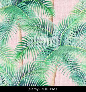 Aquarell Hintergrund mit tropischen Palmen nahtlose Muster. Aquarell handgezeichnete Palmen im Vintage-Stil auf Leinenhintergrund. Drucken für Stockfoto