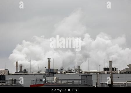 Dampfstöße, die aus Schornsteinen auf dem Dach einer Industrieanlage kommen. Aufnahme an einem bewölkten Tag, gleichmäßiges und weiches Licht. Stockfoto