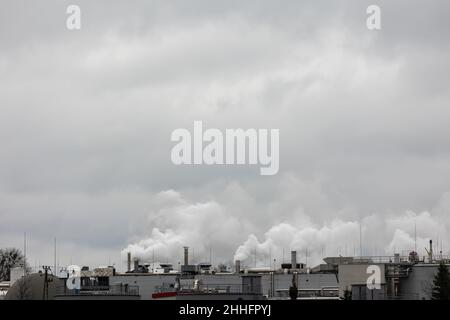 Dampfstöße, die aus Schornsteinen auf dem Dach einer Industrieanlage kommen. Aufnahme an einem bewölkten Tag, gleichmäßiges und weiches Licht. Stockfoto