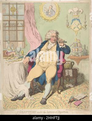 Ein Voluptuary unter den Schrecken der Verdauung 2. Juli 1792 James Gillray die berühmt-berüchtigte brutale Karikatur von George, Prince of Wales, fasst die Auswirkungen unkontrollierter Selbstnachgiebigkeit auf den Thronfolger der Briten zusammen. Nach einem ausgiebigen Mahl in seinem Stuhl ausgestreckt, pflückt der Prinz mit einer Fleischgabel seine Zähne; seine mangelnde Heiterei wird durch den überfließenden Kammertopf an seinem Ellbogen unterstrichen, der zur Verankerung unbezahlter Rechnungen verwendet wurde. Seine angesammelten Krankheiten, die erst dreißig Jahre alt sind, lassen sich aus rechts angehäuften Heilmitteln ableiten – Pillen und Tränke zur Behandlung von „streichelndem Atem“, „Haufen“ (Hämorrhoiden), Stockfoto